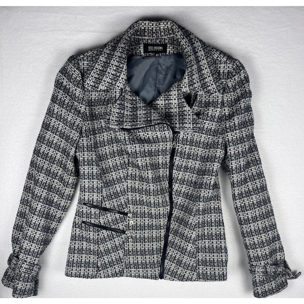Ted Bodin Women’s Tweed Moto Jacket Asymmetric Zip Black White Textured Size42ML